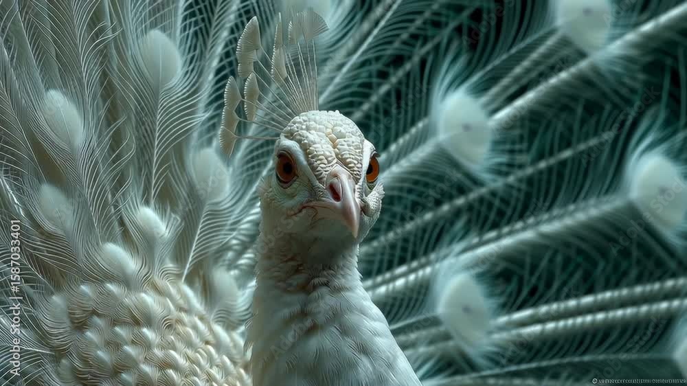 Poster elegant white peacock displaying feathers with intricate patterns in a captivating natural setting