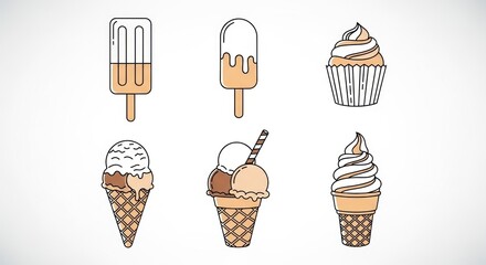 Delight in the sweetness of summer with this collection of ice cream treats, featuring popsicles, cones, and a cupcake, all rendered in a charming cartoon style.