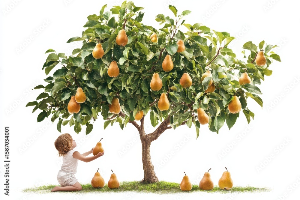 Poster pear tree with child collecting pears on white background