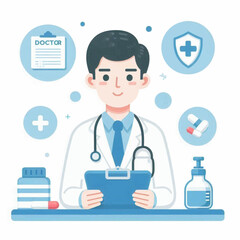 Doctor with lab coat clipboard stethoscope surrounded by healthrelated icons
