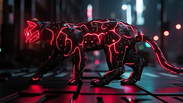 Cybernetic feline prowls a neon cityscape