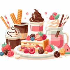 Desserts illustration cake slice drinks berries  sweets on a plate brightly colored  stylized