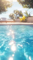 An inviting empty poolside surface bathed in sunlight, framed by a luxurious hotel swimming pool, evoking the perfect summer getaway vibe for relaxation and leisure