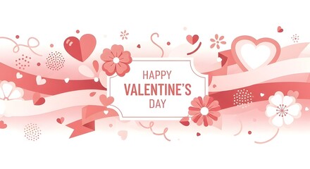 Soft Pink and Red Happy Valentine's Day Banner with Hearts and Flowers
