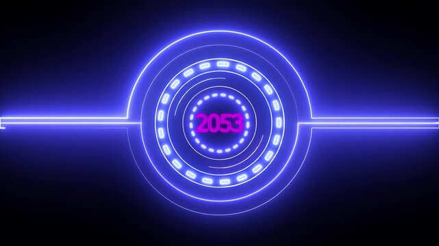2053 text with screen effects of technological failures. Concept of counting years. Past year technology concept.a on Black .4k