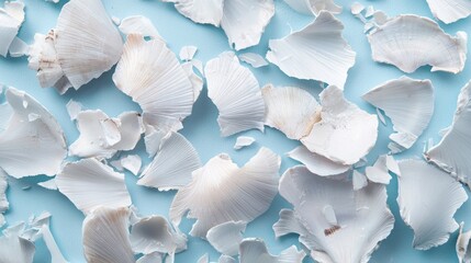 Scattered Fragments of Crushed White Seashells on a Pale Blue Background