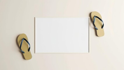 Summer Vacation Mockup: White Frame with Flip-Flops on Beige Background, Perfect for Beach-Themed Designs