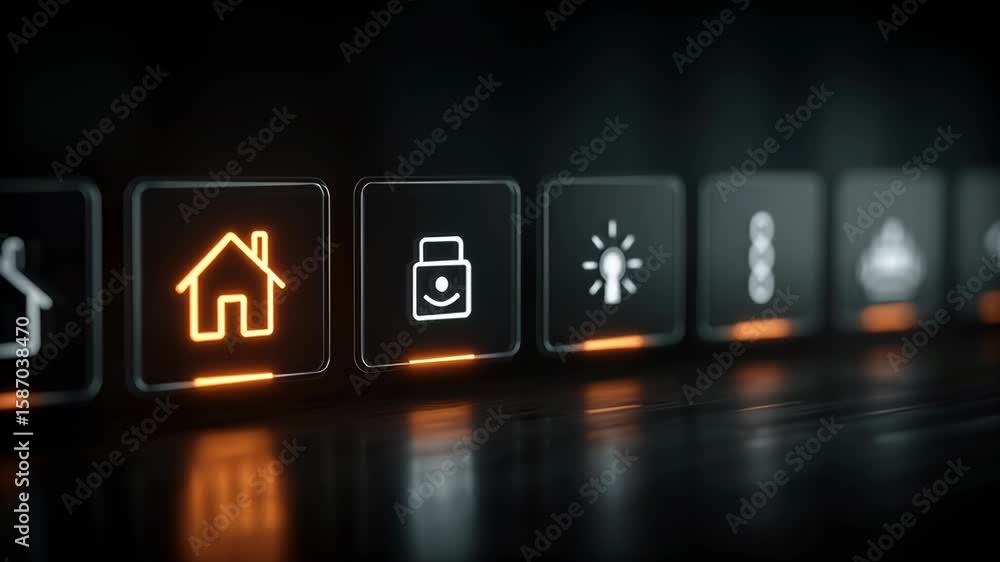 Poster Illuminated Icon of House Among Minimalistic User Interface Buttons in Dark Background Displaying Smart Home Controls