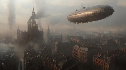 Naklejka premium Cityscape with airship in misty atmosphere