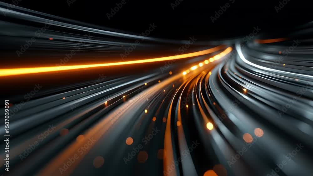 Poster abstract flow of light trails in dark background with bright orange and silver highlights creating a