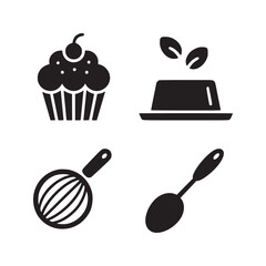 A collection of kitchen and dessert icons featuring a cupcake pudding whisk and spoon in black