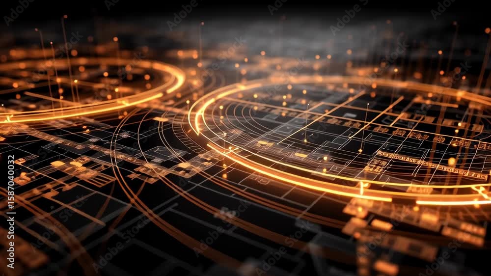 Poster abstract visualization of digital circuitry with bright orange light trails and geometric shapes in 