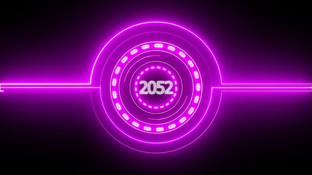 2052 text with screen effects of technological failures. Concept of counting years. Past year technology concept.a on Black .4k