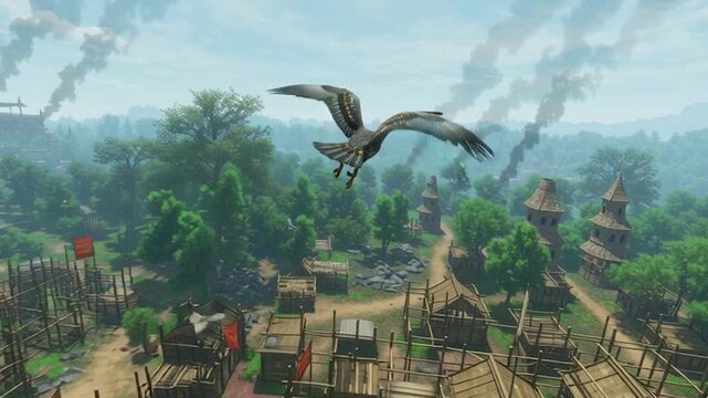 Eagle flies over a village of simple wooden huts