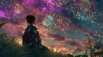 Japanese Girl in Yukata with Fireworks/浴衣の日本人少女と花火3