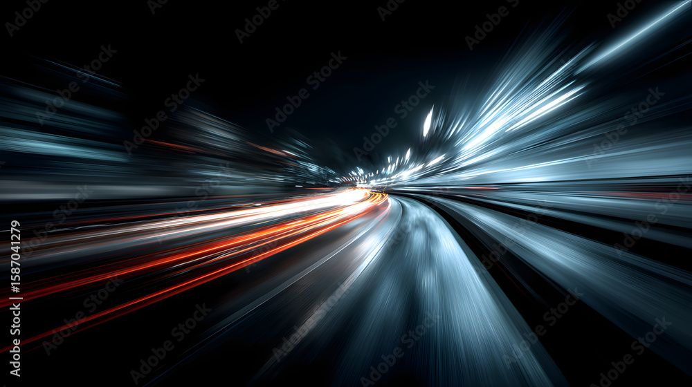 Poster dynamic abstract background with light streaks conveying speed and motion in cool blue tones.