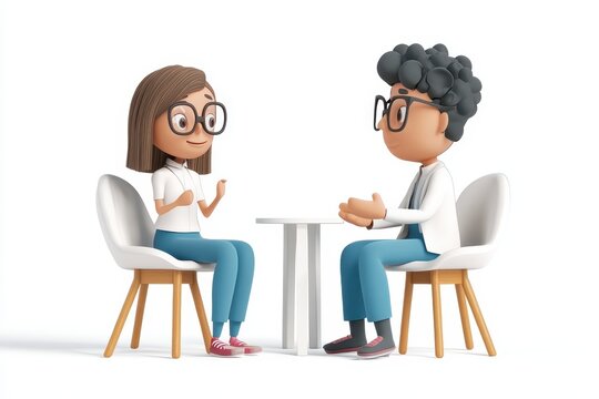 Remote HR specialist interviewing 3d render cartoon character on white background