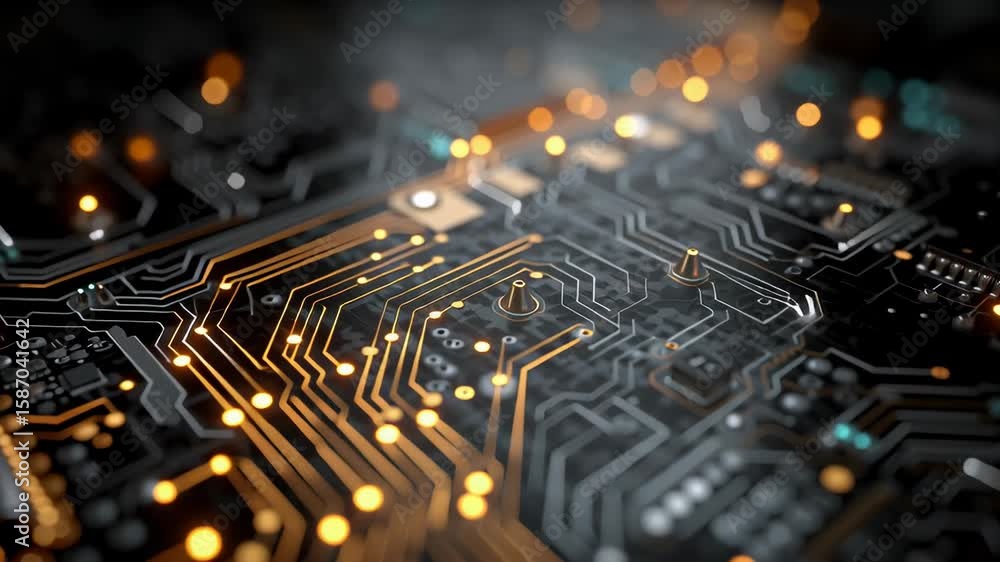Aufkleber close-up view of circuit board with glowing connectors and microchip in dim lighting, technology abs