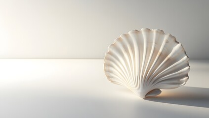Scallop shell placed in the center of a white background. A soft, natural-toned photo that emphasizes simplicity and clarity.

