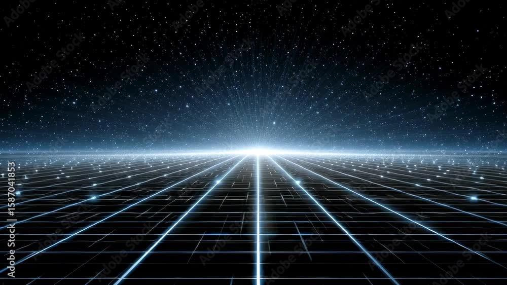 Poster futuristic digital landscape with grid and stars in dark space creating a sense of depth and infinit