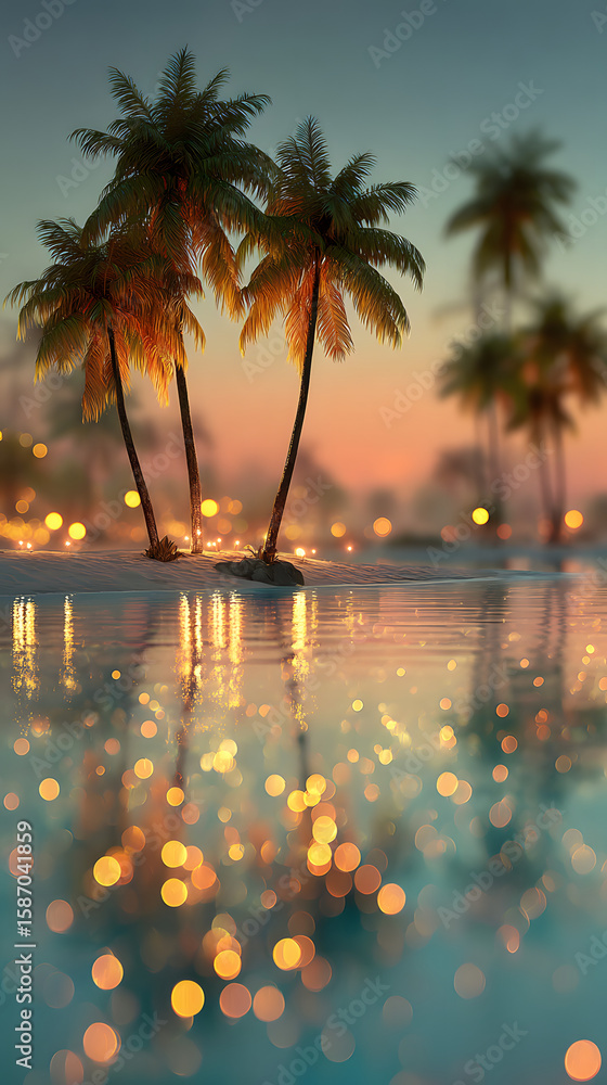 Poster blurred tropical beach background with palm trees and bokeh lights. summer...