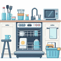 Illustration kitchen scene features a dishwasher sink and microwave in a cute cartoon style
