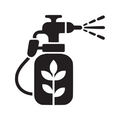 A black and white illustration of a garden sprayer with a plant design on the container body