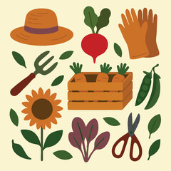 Gardening tools and fresh vegetables on a clean white background