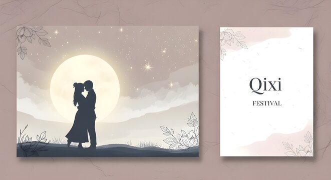 Happy Qixi Festival Card with Romantic Couple Silhouette Under Full Moon