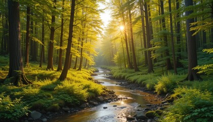 Obraz premium Sunlight streams through the trees illuminating a river flowing through a lush green forest scene