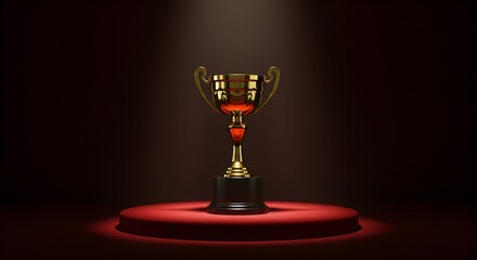 Studio background of gold trophy on red velvet base under dramatic lighting and bokeh, designed for award or success visuals