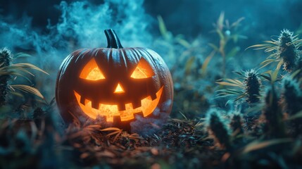 Glowing Halloween pumpkin in cannabis field, spooky night, holiday design