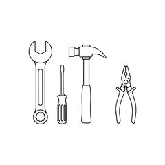 Line art of four tools wrench screwdriver hammer and pliers