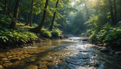 Obraz premium A scenic river flowing through a lush green forest with sunlight filtering through the trees above it