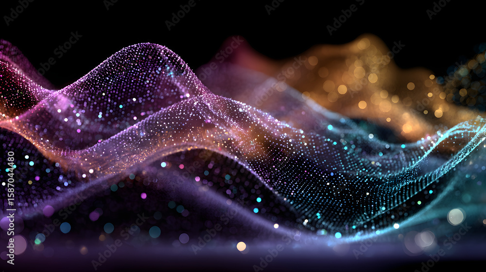 Poster big data visualization. musical stream of sounds. abstract background with interweaving of dots. sci