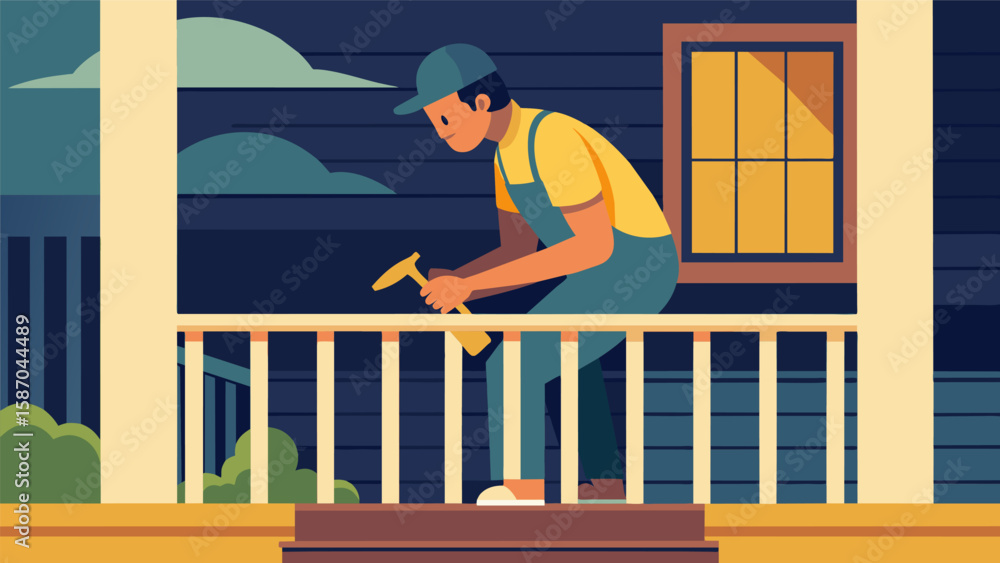 Poster on the front porch a carpenter smoothly sands down the railing for a flawless finish.. vector illust