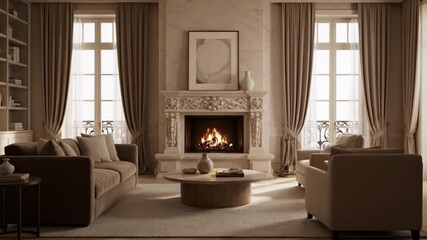 Cozy living room with a marble fireplace, elegant furniture, and large windows allowing natural light, creating a warm and inviting atmosphere ideal for relaxation or gatherings