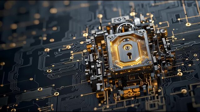 Digital Lock with Golden Accents Embedded in Complex Circuit Board Symbolizing Cybersecurity and Data Protection, Highlighting Technologys Role