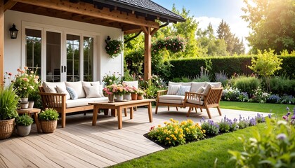 Obraz premium Outdoor patio with wooden furniture and flowers (1)