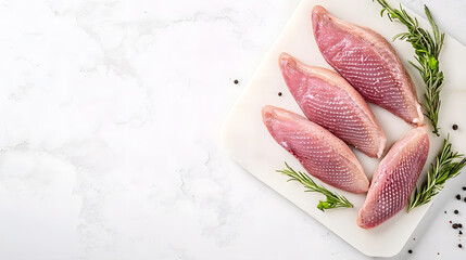 Fresh raw duck fillets on white kitchen board with rosemary and peppercorns