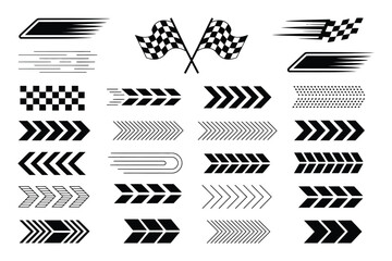 Motorsport design pack with racing car stripes, checkered flags, finish line elements, dynamic lines, and motocross labels