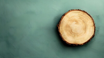 Single tree log slice with visible rings on textured green background, showcasing natural beauty