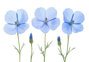 Naklejka premium Close-up of three fresh blue flax flowers arranged naturally on white. Soft petals and gentle structure offer a peaceful, minimalist aesthetic.