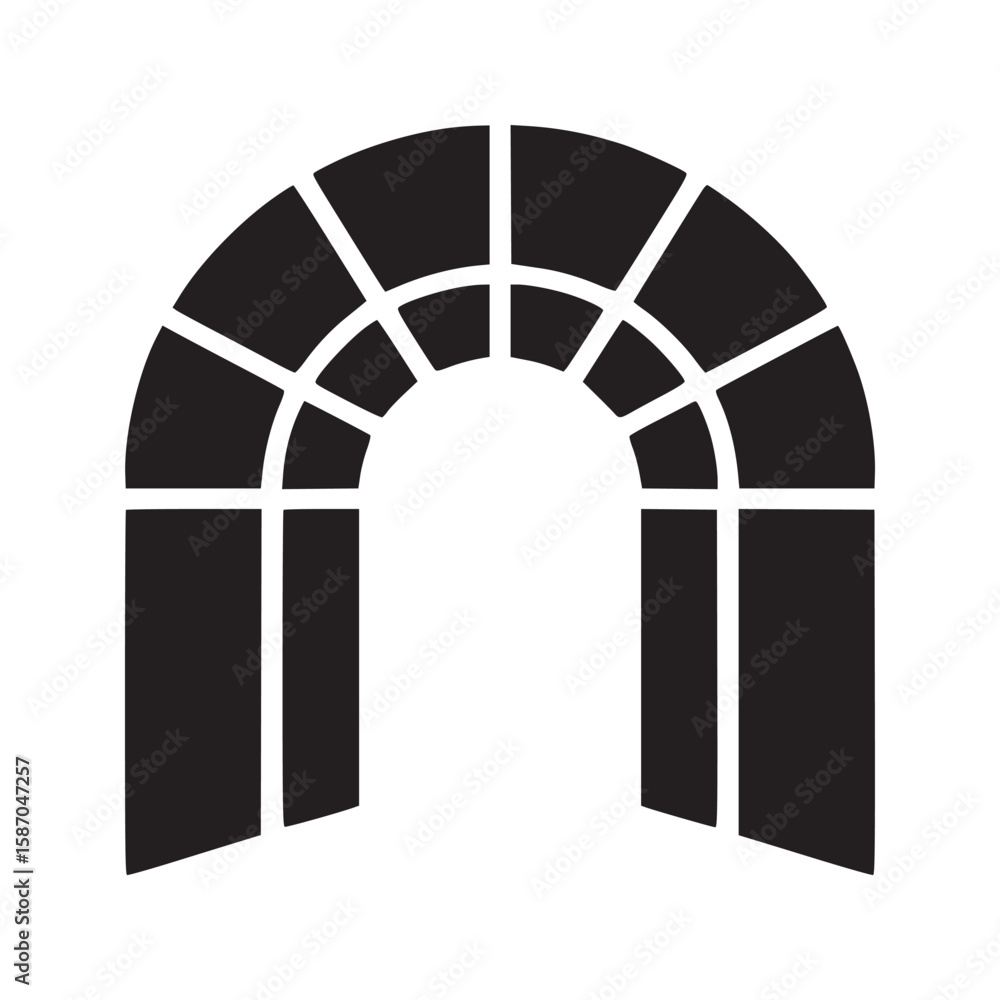 Poster a black and white illustration of an arched doorway with a grid pattern on the archway design elemen