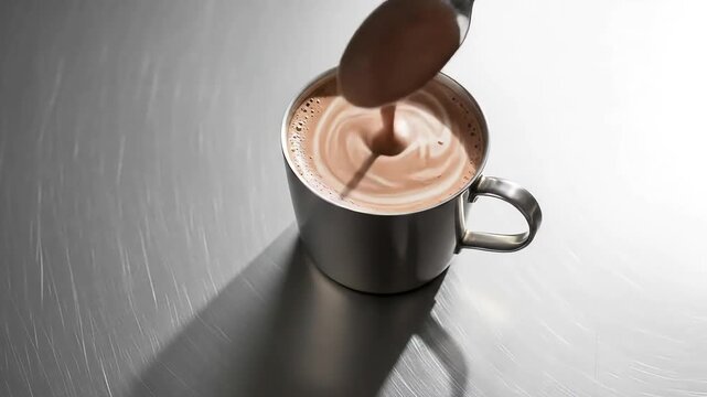 Stirring Hot Chocolate in Metal Mug.