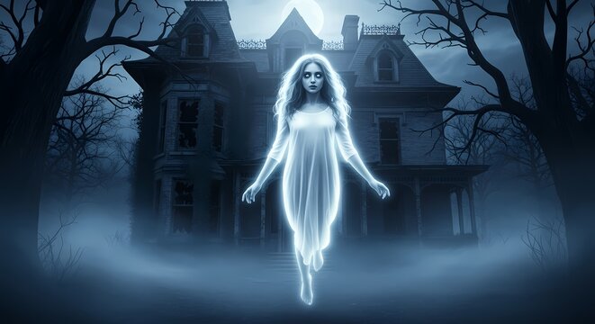 Ethereal female ghost floats in front of a spooky, old, haunted house.