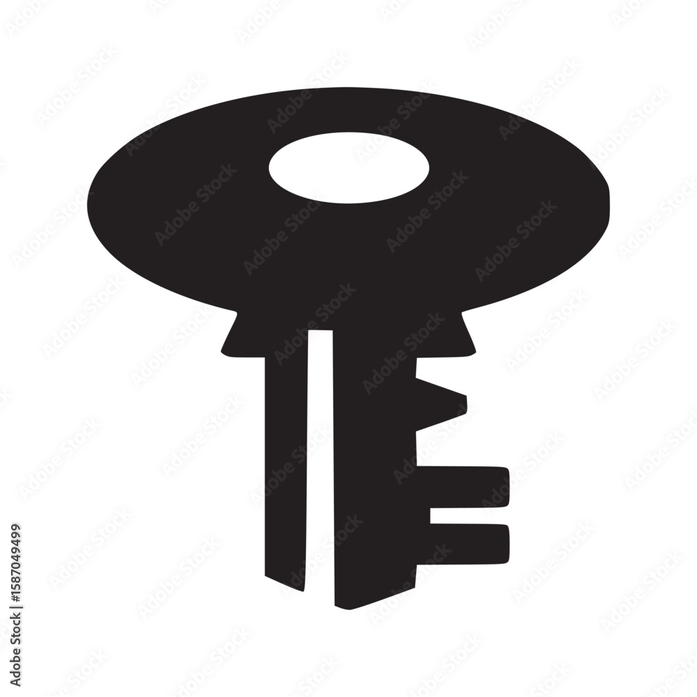 Poster a simple black key with a round head and a straight stem isolated on a light gray background plain