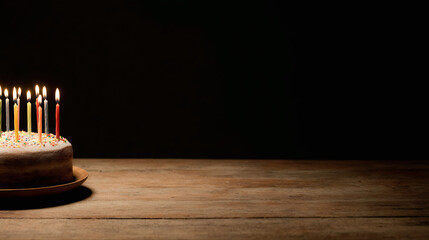 birthday cake with candles on wooden background