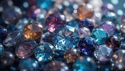 A collection of assorted colorful gems and jewels shining and reflecting light in a close up view