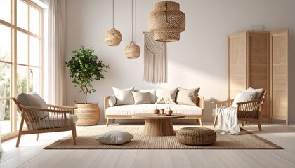 Bright, airy living room with natural elements